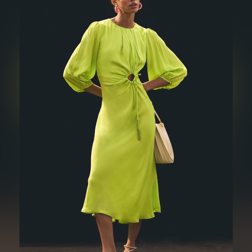 Farm Rio Lime Piping Puff Sleeve Midi Dress XS Long Sleeve